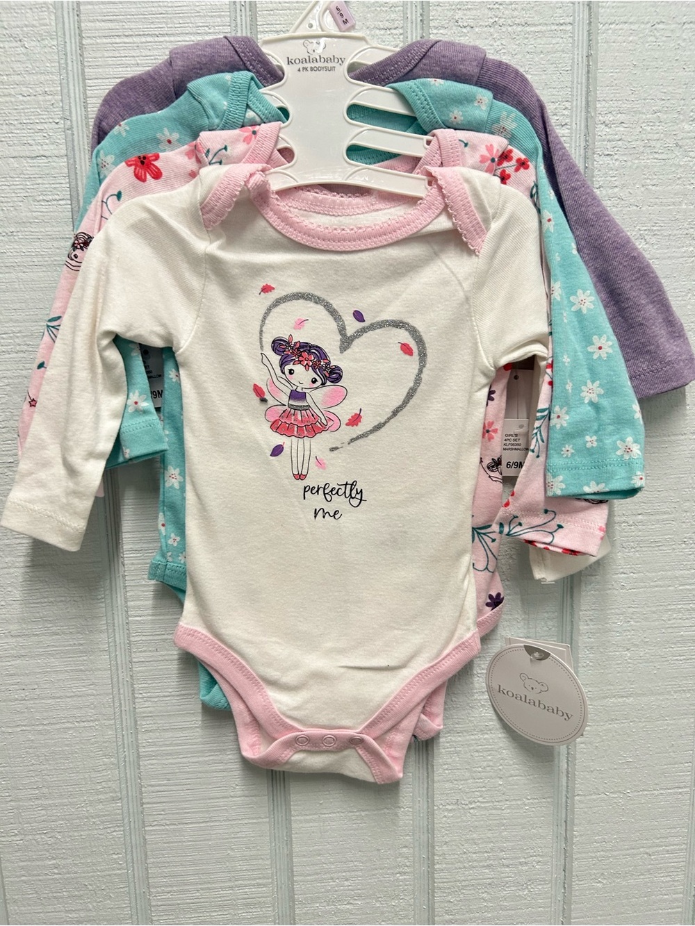 Koala Kids White, Pink, Mint & Purple Fairy-Print Long-Sleeve One-Piece Set-4Pck